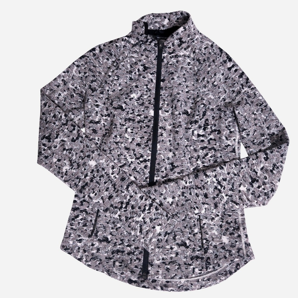 Athleta Womens Small Salutation Full Zip Jacket Abstract Print Thumbholes Grey